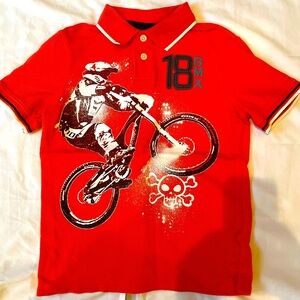 OshKosh B'gosh Boys Size 5 Orange BMX Graphic Polo Shirt Bike Rider Kids Top